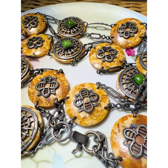 Antique 30's Celloid Circles Green Glass Silverplate women's Link Belt/Necklace - Picture 2 of 16